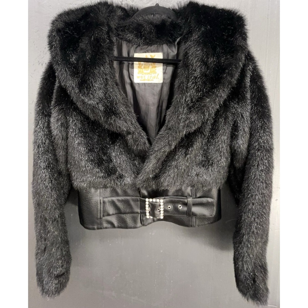 Vtg Wet Seal‎ Faux Fur Jacket M Black Cropped Rhinestones Luxury Mob Wife Retro